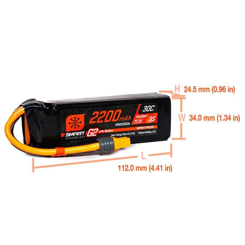 Caloosa Trains And Hobbies Spektrum Batteries & Chargers SPMX223S30, Spektrum RC 3S Smart G2 LiPo 30C Battery Pack (11.1V/2200mAh) w/IC3 Connector