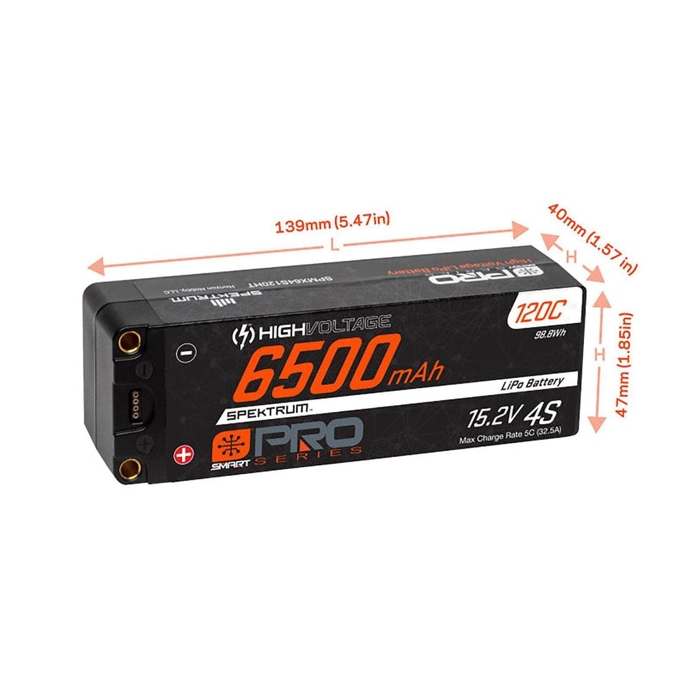 Caloosa Trains And Hobbies Spektrum Batteries & Chargers SPMX64S120HT, Spektrum RC 4S Smart Pro Race Hardcase HV-LiPo 120C Battery (15.2V/6500mAh) w/5mm Bullets