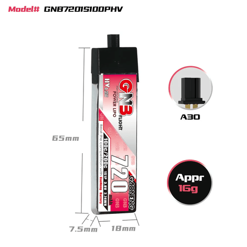 GNB Battery Gaoneng GNB 3.8V 1S 720mAh 100C LiHV Whoop/Micro Battery w/ Plastic Head - A30